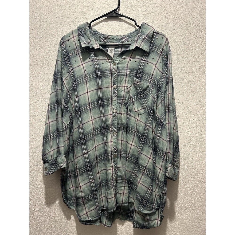 Catherines Button Up Shirt Womens 3X Blue Plaid Rhinestones Lightweight Beachy